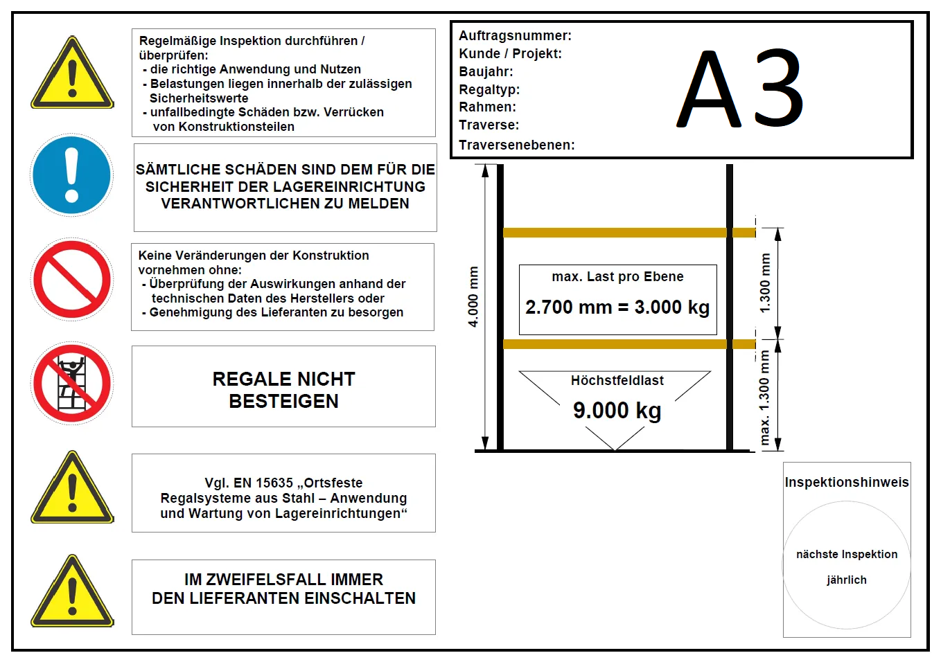 Belastungsschild A3 - 420x300mm