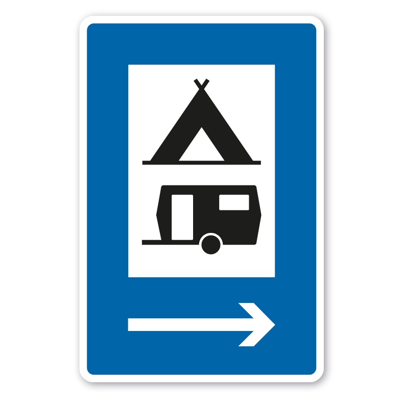 Parkplatzschild Campingzeichen und Wohnwagen mit Pfeil rechts – mit großem Piktogramm - Verkehrsschild