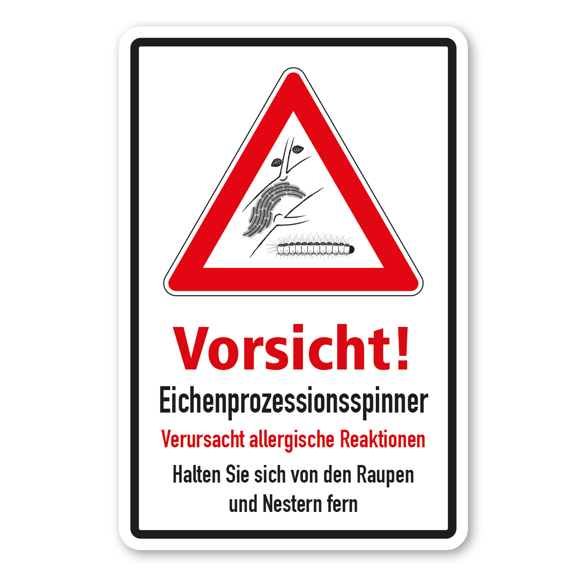 Hinweisschild Vorsicht Eichenprozessionsspinner (mit Abbildung) - verursacht allergische Reaktionen - Halten Sie sich von den Raupen und Nestern fern - Kombi